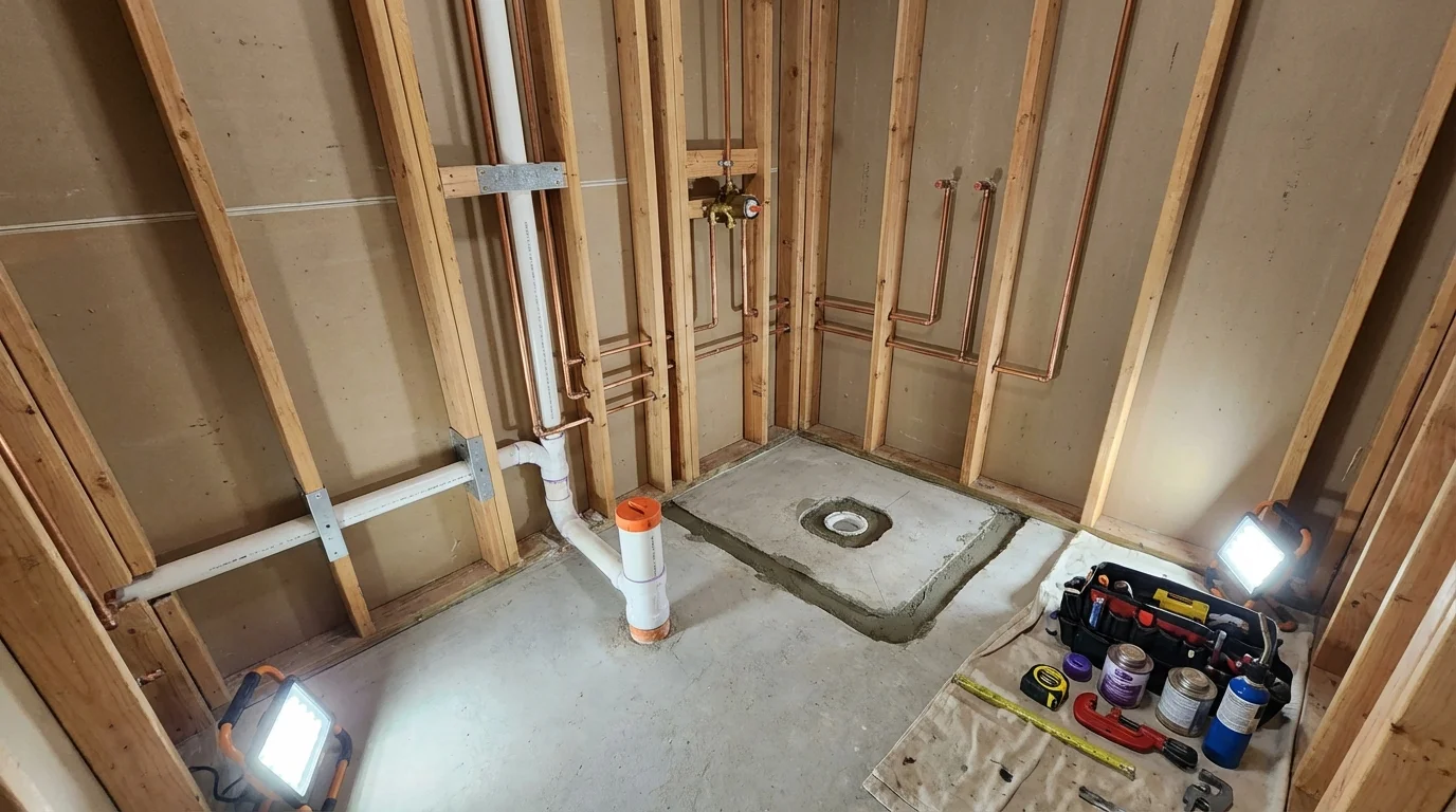 Bathroom rough-in plumbing during remodel by Johns Plumbing LLC in Menomonie