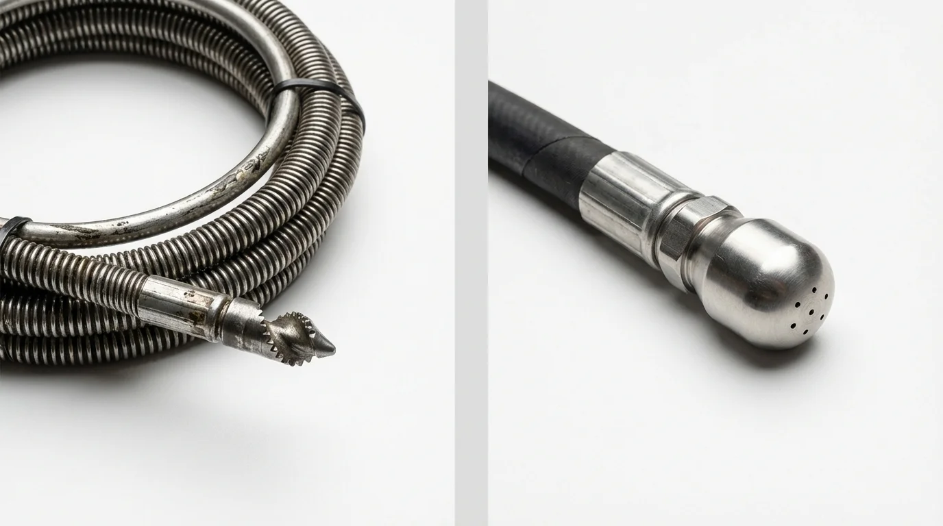 Drain snake cable and hydro jetting nozzle used for drain cleaning in Menomonie, WI