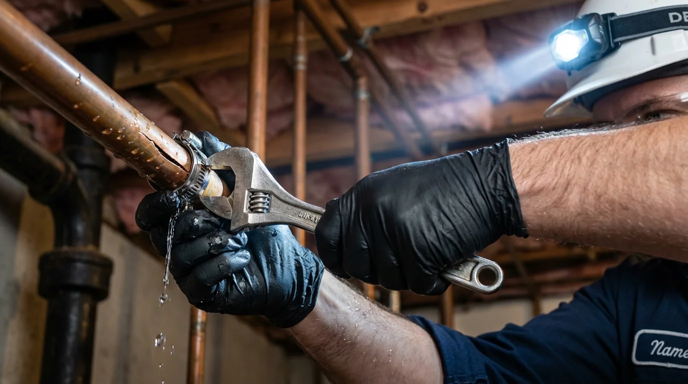 Emergency pipe clamp repair being performed by a Johns Plumbing LLC plumber in Menomonie