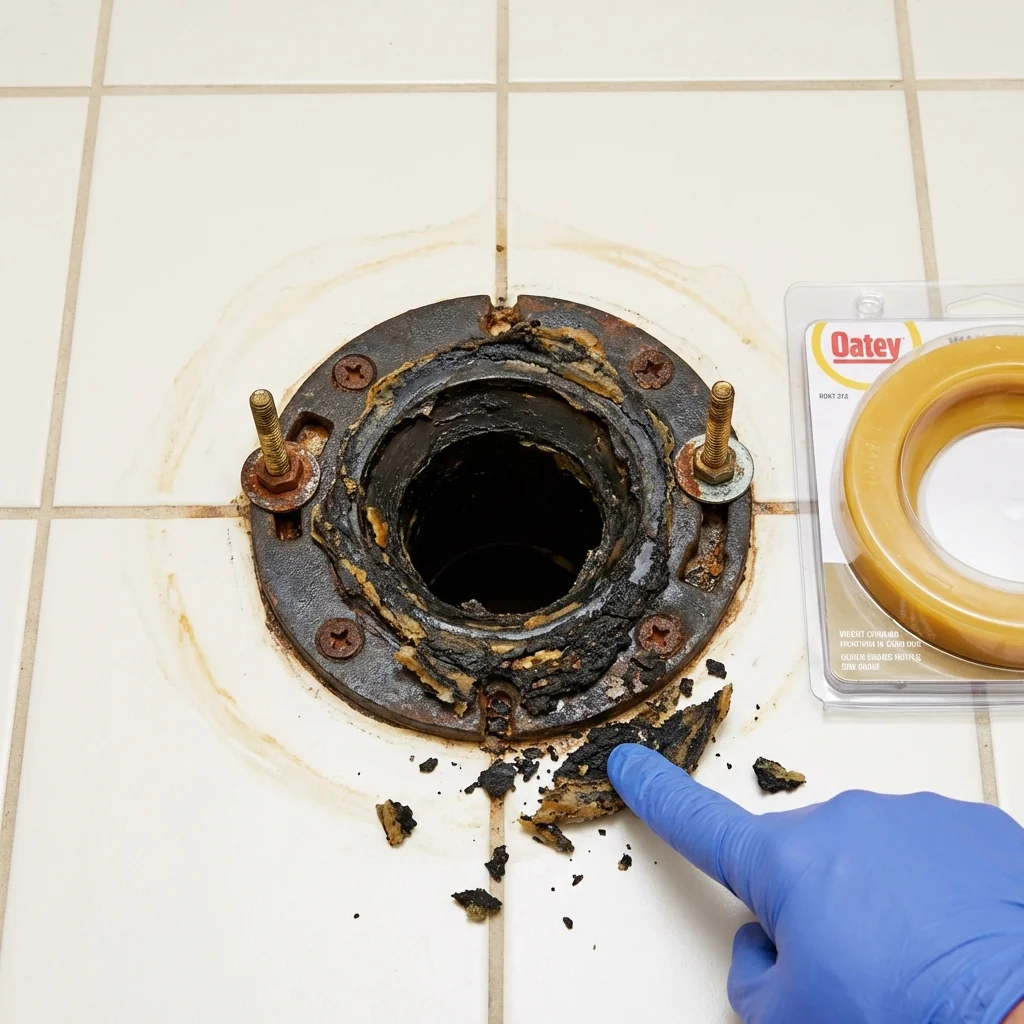 Failed wax ring showing water seepage at the base of a toilet in a Menomonie, WI home