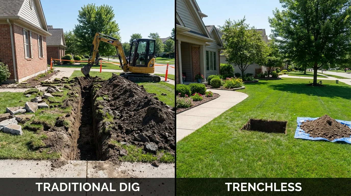 Trenchless sewer repair with minimal yard damage versus traditional excavation in Menomonie, WI