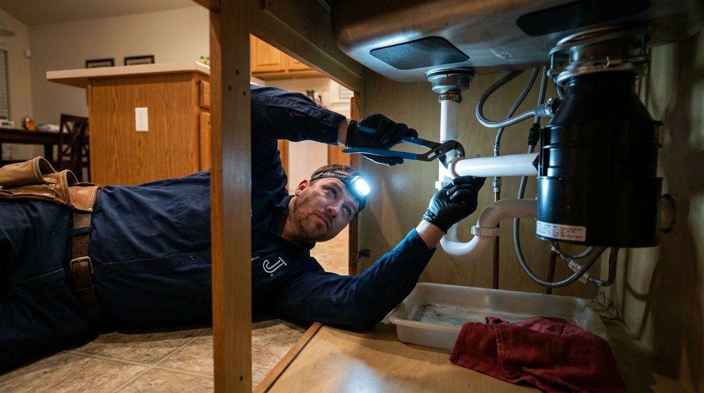P-trap and supply line connections under a kitchen sink showing a common leak point in Menomonie, WI